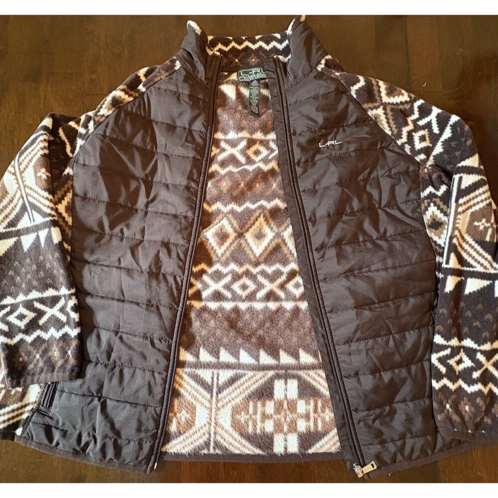LAUREN RALPH LAUREN Jacket Fleece Puffer Brown White Southwest Full Zip Size 1X